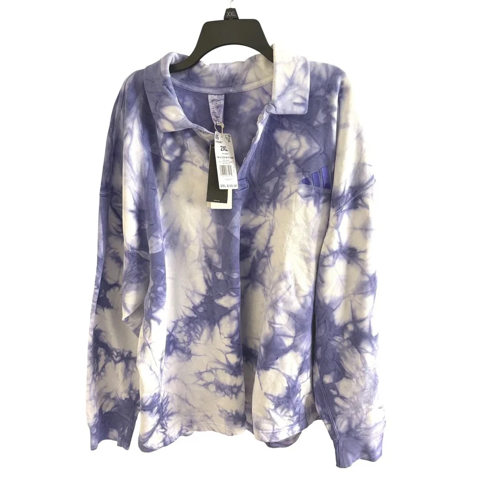 NWT Adidas Tie-Dye Fleece Collared Sweatshirt XXL Blue White Cozy Pullover